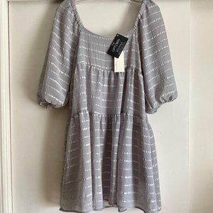 By Together Tiered Babydoll Lined Dress Pockets Puff Sleeve Dusty Blue S